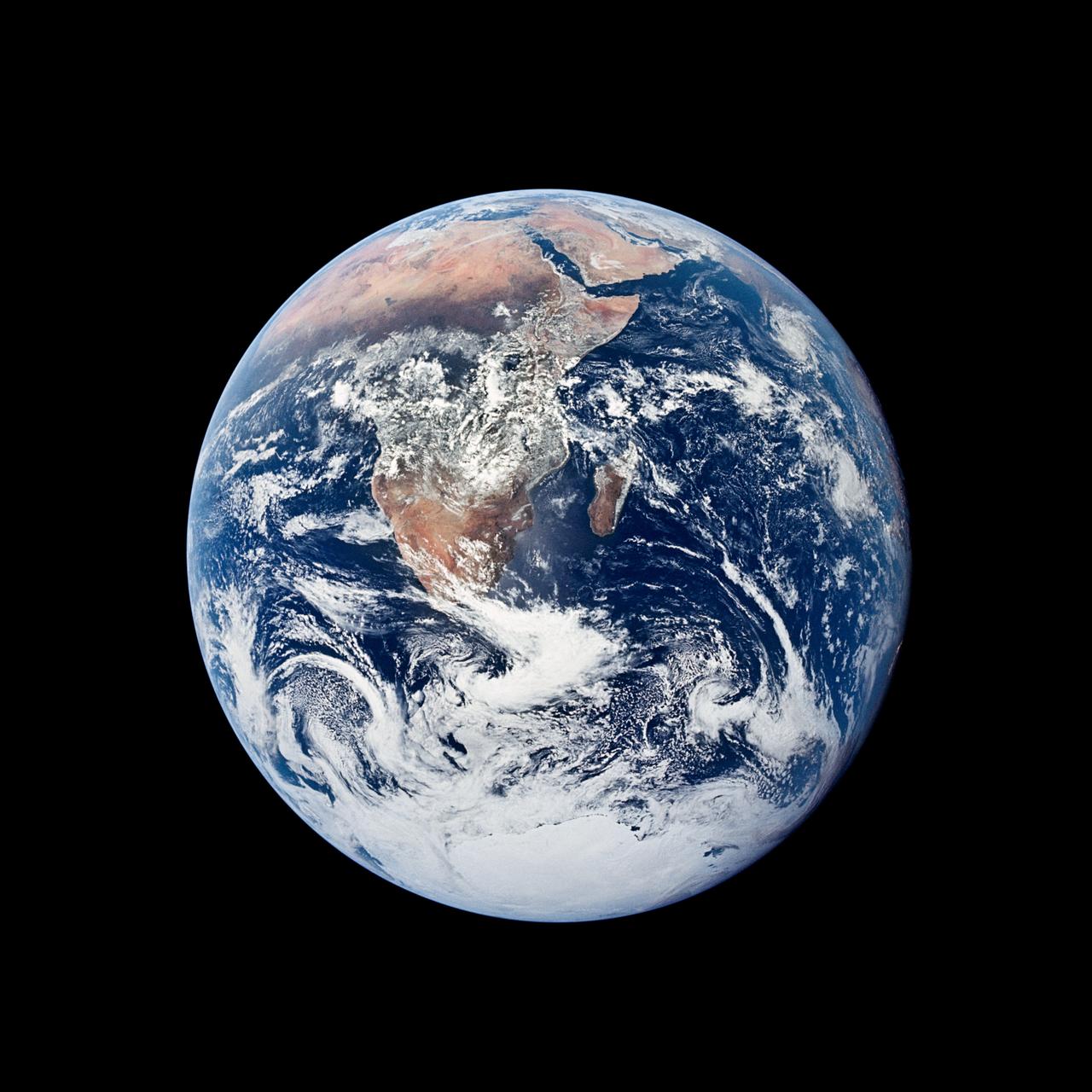 NASA Image of the Earth from Space. NASA. The view shows Africa top left with most of the rest sea, much of it covered in clouds.