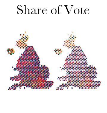 Various hex maps showing the party share of the vote in each constituency
