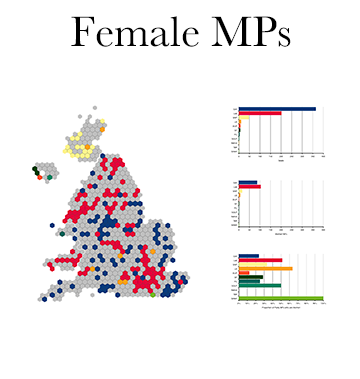 Hex map of constituencies where women were elected with numbers and proportions of female MPs by party